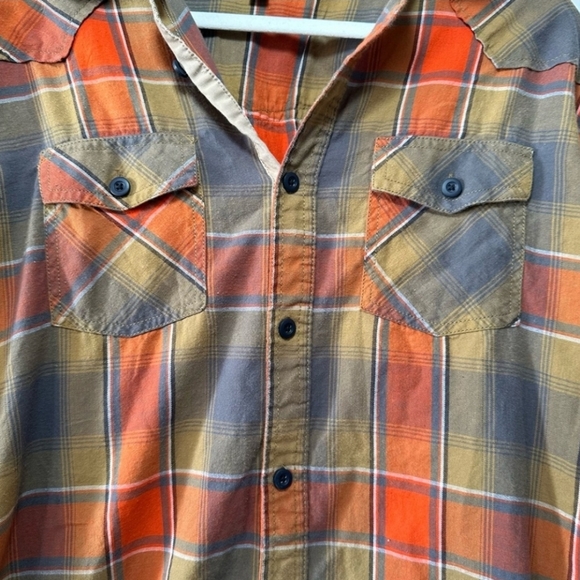 Carbon Men’s Orange/Tan Plaid Corduroy Elbow Long Sleeve Button Down Shirt-Large - Picture 4 of 7